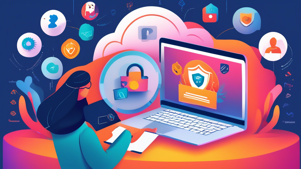 An illustrated image showing a person safely unblocking a website using a laptop, with visual elements highlighting best practices for online safety. The scene includes icons or symbols representing VPNs, encryption, secure browsers, and shields for security against malware and phishing. The background subtly suggests a digital environment with icons of privacy protection and cybersecurity.