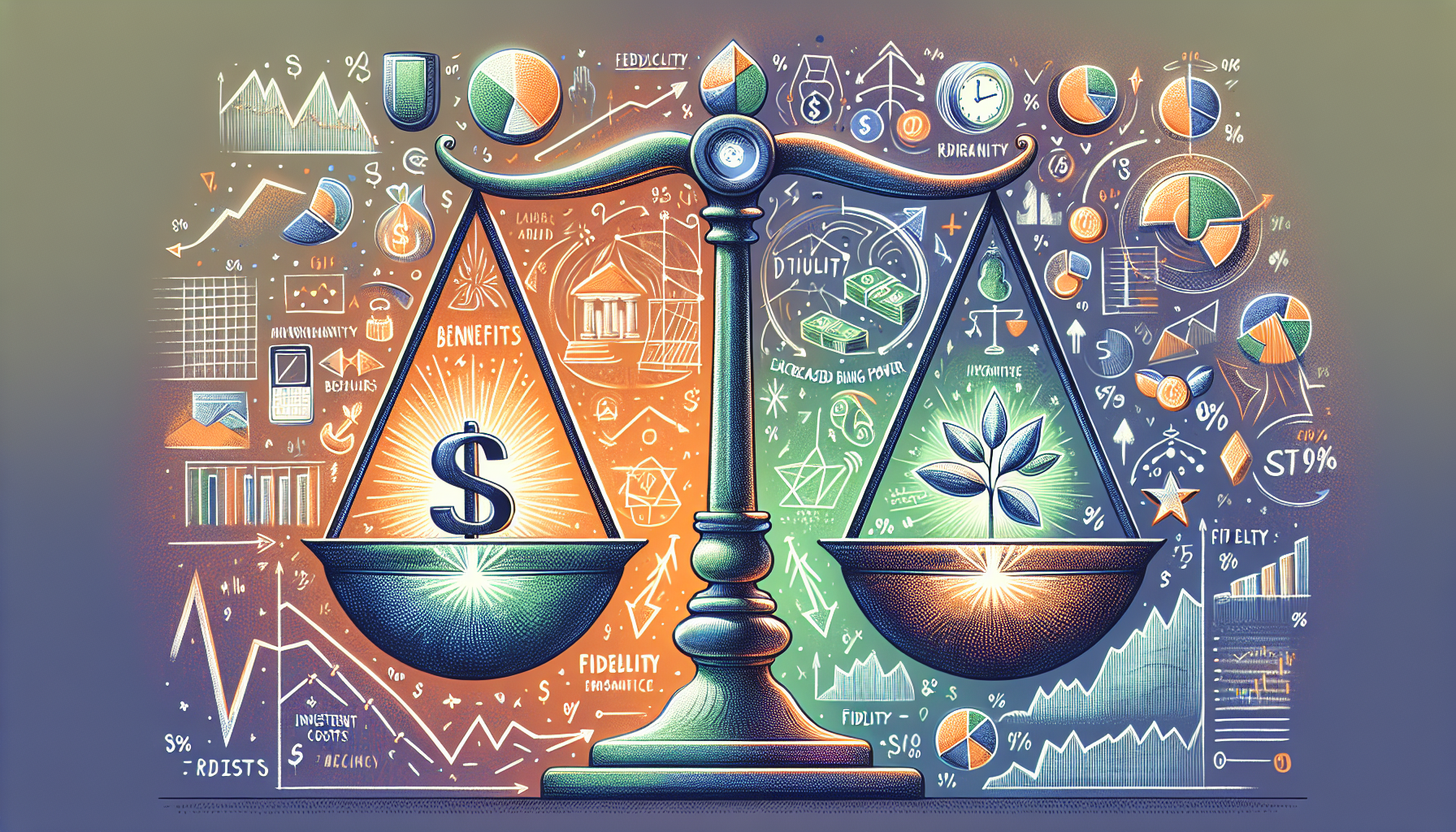 Create an illustration for the article Understanding Margin Accounts at Fidelity which focuses on outline point #2: Benefits and Risks of Using a Margin Account at Fidelity. The image should depict a balanced scale, where one side has icons representing advantages such as increased buying power and investment opportunities, and the other side has icons symbolizing risks like potential for significant losses, margin calls, and interest costs. Include a background that subtly hints at financial trading and investing, incorporating the Fidelity logo in the corner for branding.