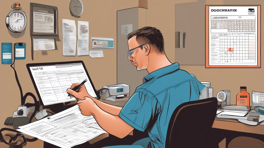 Create a highly detailed illustration depicting a truck driver preparing for a DOT medical test. The driver is sitting at a desk, gathering necessary documentation such as medical history forms, ID, and insurance details. Surrounding them are common medical evaluation tools like a blood pressure monitor, eye chart, and stethoscope. In the background, a calendar on the wall highlights the test date, and a window shows a nearby clinic specializing in DOT medical tests. The scene should convey a sense of organization and preparedness.