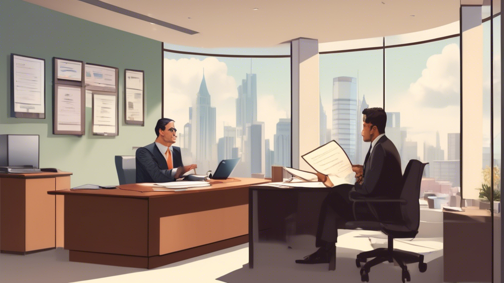 Prompt for DALL-E: An image depicting a person meeting with a motorcycle accident lawyer in a professional yet approachable law office setting. On the desk are documents related to the initial consultation, and the lawyer is explaining different fee structures with visual aids like pie charts. In the background, there are certificates on the wall and a window showing a serene cityscape. The image should convey a sense of trust, expertise, and collaboration.