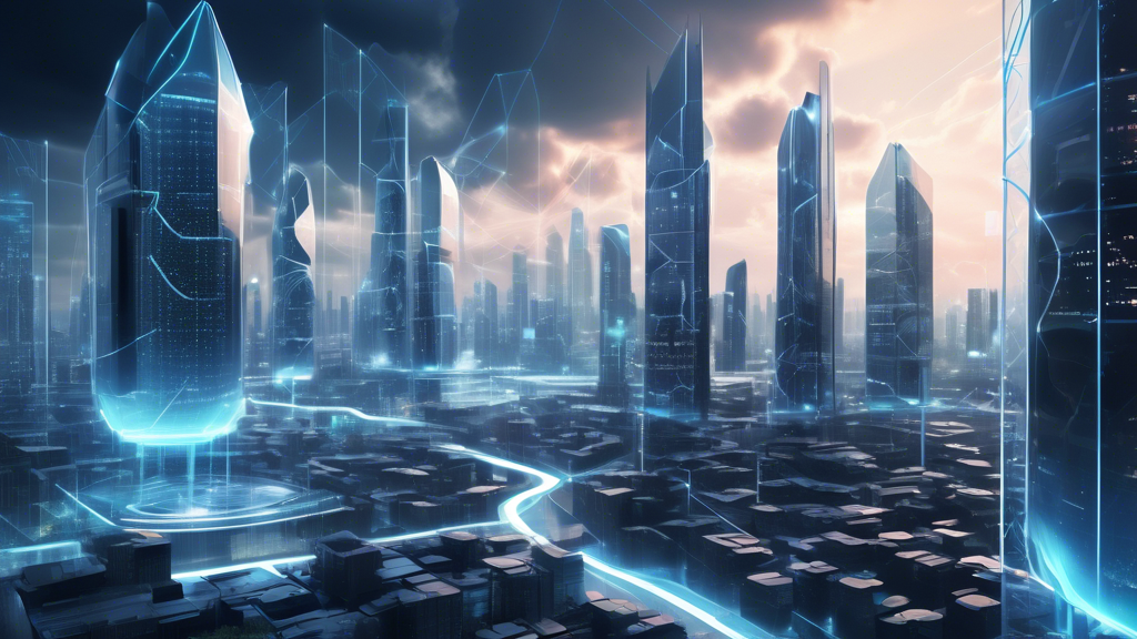 DALL-E prompt: A futuristic cityscape with advanced cloud technology infrastructure, showcasing cutting-edge trends like Edge Computing and Multi-Cloud strategies. The scene features sleek, high-rise buildings with integrated data centers and floating data streams connecting them. Highlight elements of robust cybersecurity measures visually represented by digital shields and protected clouds hovering above the city. The overall atmosphere should be innovative and forward-looking, projecting the future of cloud services and their impact on digital infrastructure.