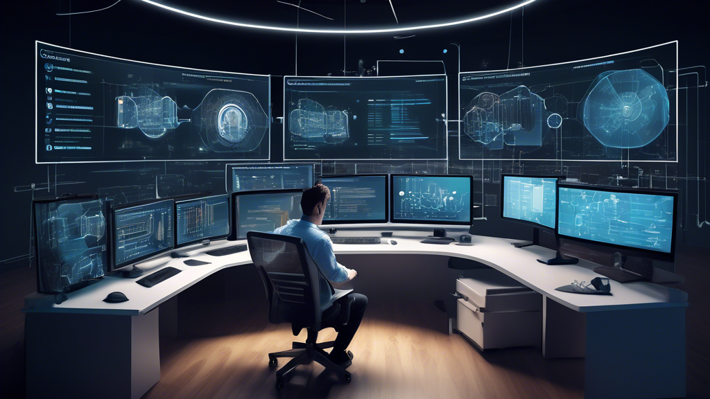Create an image that captures the essence of advanced optimization and integration in content management. The scene should feature a sophisticated workspace with multiple screens displaying various data analytics dashboards, interconnecting graphs, and snippets of code. Engineers or developers are actively working, illustrating integration with other platforms and extensions. Include elements like gears, digital symbols, and network lines to depict troubleshooting solutions in a futuristic, high-tech setting. The overall atmosphere should convey efficiency, technical prowess, and seamless operation within the realm of content management, highlighting the capabilities of Contenta.