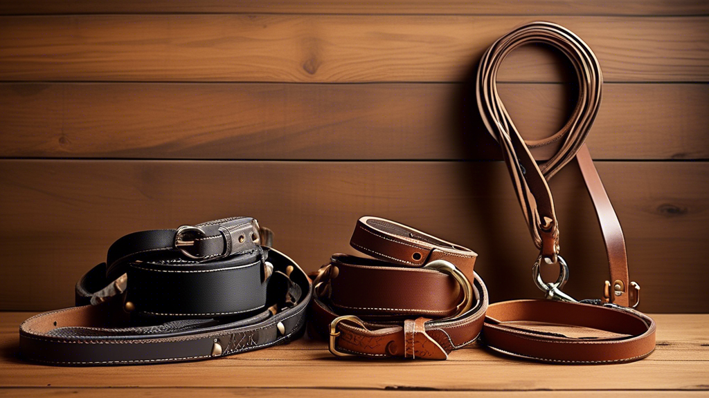 Create an image that features a variety of high-quality leather leashes displayed on a wooden table. Each leash should differ in size and length to cater to different dog breeds, and close-up shots should highlight key elements like sturdy hardware, secure attachments, and the texture of the leather. The setting should be clean and well-lit, with a backdrop that emphasizes the craftsmanship and quality of the products.