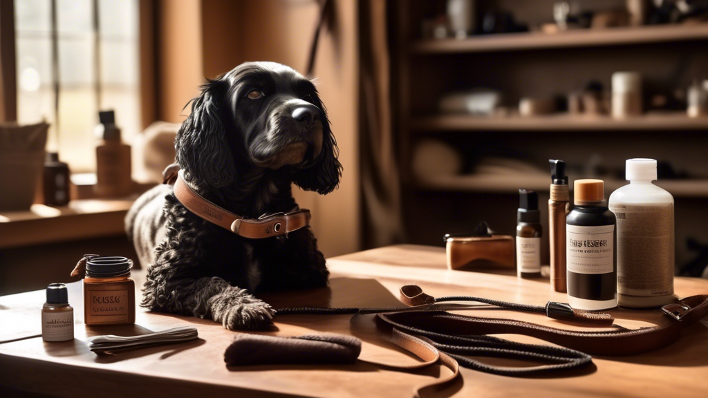 Prompt: A cozy, sunlit workspace with a rustic wooden table. On the table, there is a neatly laid out leather dog leash alongside some cleaning supplies: a soft cloth, a small brush, and a bottle of leather conditioner. In the background, a well-organized shelf holds various leather care products and folded leashes. A friendly dog sits attentively by the table, adding a warm touch to the scene. The overall mood should be inviting and informative, showcasing the process of caring for a leather leash to ensure its longevity.