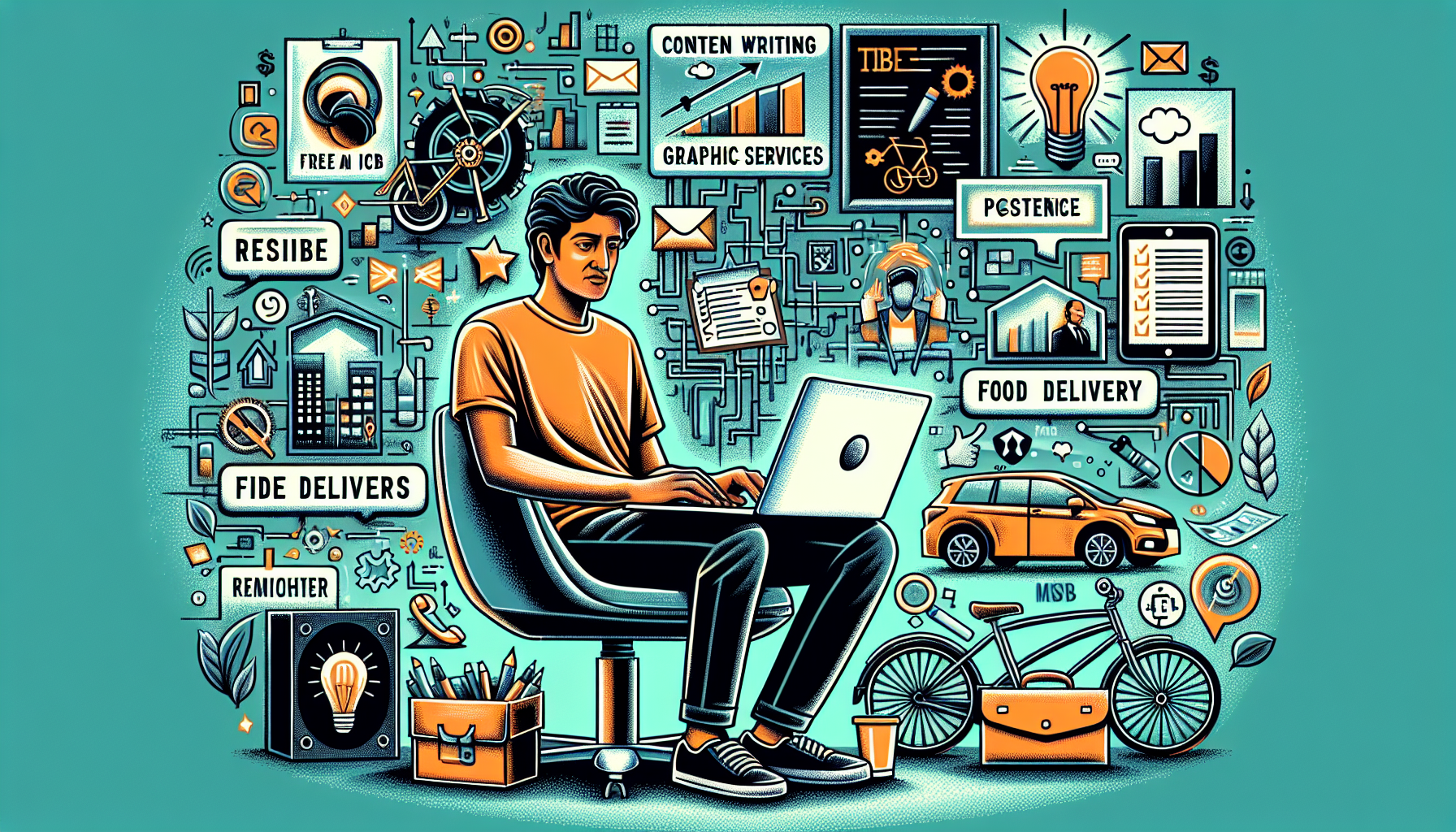 DALL-E prompt: Create an image that showcases various popular part-time side hustles. The image should include a person working on a laptop (representing freelancing) with icons or symbols around them that depict writing, graphic design, and virtual assistance. Also feature elements representing gig economy jobs, such as a car for ridesharing, a bicycle for food delivery, and a checklist for task-based services. Additionally, incorporate online opportunities like a shopping cart for e-commerce, a megaphone for digital marketing, and a chalkboard for online tutoring. The setting should reflect a productive and diverse work environment.