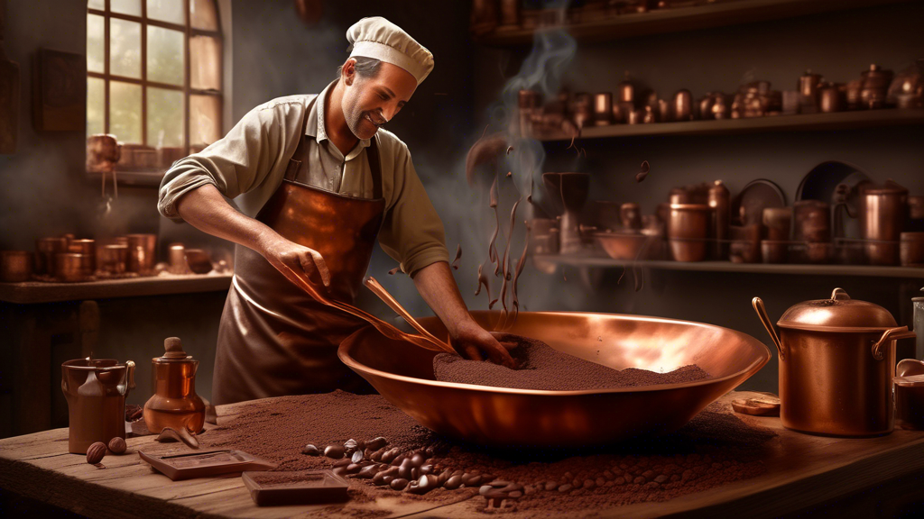 Artisanal chocolate maker stirring a copper vat filled with melting chocolate, in a rustic Italian kitchen at Venchi, showcasing traditional techniques and high-quality ingredients, with cocoa beans and hazelnuts scattered on a wooden table.