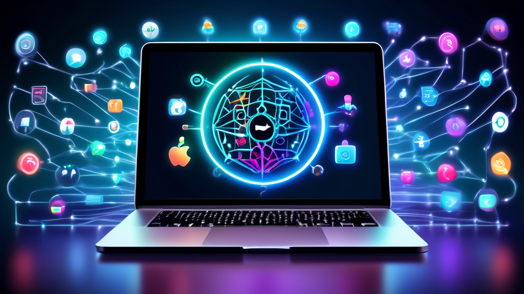 Create an image of a sleek, futuristic Apple MacBook Pro, with vibrant icons of various top VPN services encircling the laptop. Each icon should be uniquely stylized and easily recognizable, representing different VPN providers. Show a smooth blend of technical interface graphics over the laptop screen, with elements highlighting features like security encryption and global connectivity. The background should depict a digital landscape, possibly with interconnected networks and symbols of data privacy for a dynamic and engaging tech vibe.

Prompt: A sleek Apple MacBook Pro surrounded by vibrant icons of top VPN services against a background of a digital landscape with interconnected networks. The laptop screen showcases interface graphics emphasizing security encryption and global connectivity, representing the best VPNs for Mac in 2023.