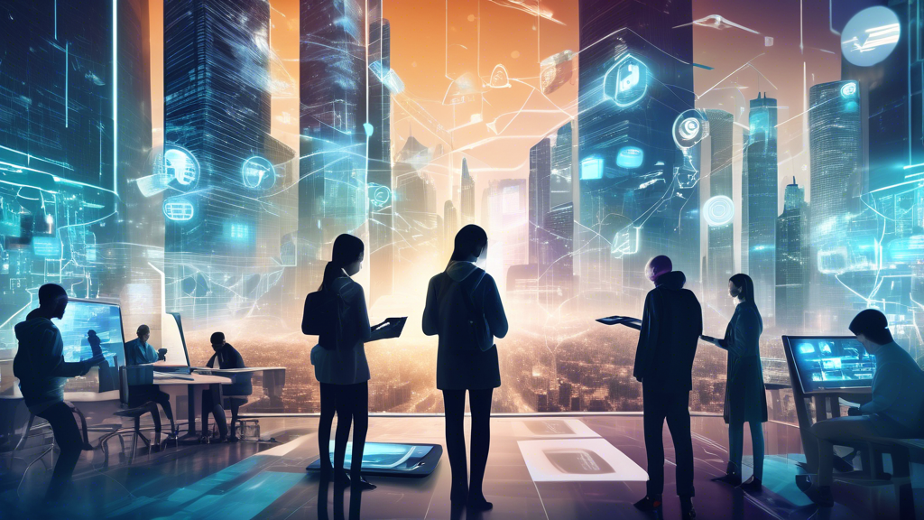 Create an image that highlights the importance of staying updated on privacy threats and protection practices in 2023. Include a futuristic cityscape with digital elements overlaying the scene to signify cyberspace. Show people using their devices with some engaging in learning activities using educational tools. In the background, display subtle signs of emerging threats like shadowy figures and warning icons, while in the foreground, showcase elements of protection like shields and locks being updated in real-time.