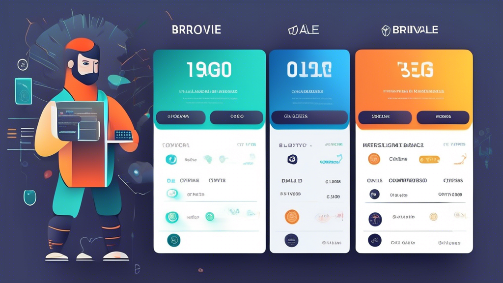 Create an image prompt for DALL-E based on the second point of the outline related to comparativa de los principales crypto brokers del mercado:

Create an image showing a detailed comparison between multiple top crypto brokers. The image should include a sleek, digital table or chart that highlights key features and benefits of each broker. Use icons and modern graphics to represent various aspects such as security features, fee structures, and available tools. The background should be a sophisticated blend of blue and gold shades, evoking a sense of professionalism and financial stability. Incorporate elements like computer screens, user reviews, and blockchain symbols in a way that doesn