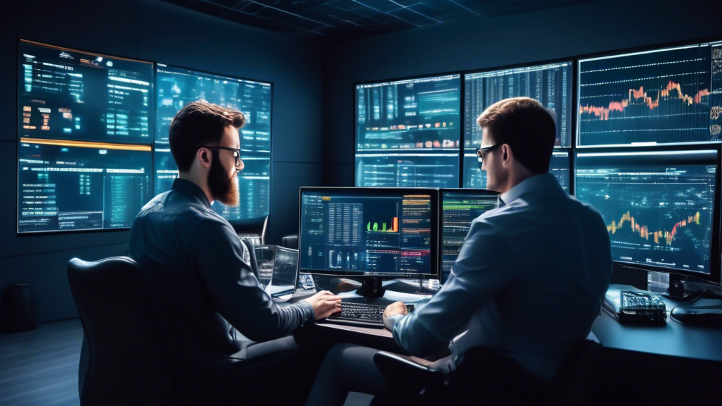 Create an image that illustrates a comprehensive strategy session between an experienced cryptocurrency investor and a newbie investor. They are surrounded by digital charts, graphs, and data on large screens. The setting is a sophisticated trading room with high-tech gadgets. One of the screens displays features like portfolio diversification, risk management, and automated trading options. Both individuals seem engaged in an in-depth discussion, highlighting the importance of staying updated on market trends and the effective use of advanced trading tools. Keywords: crypto broker, investment strategies, trading room, data analysis, market trends.