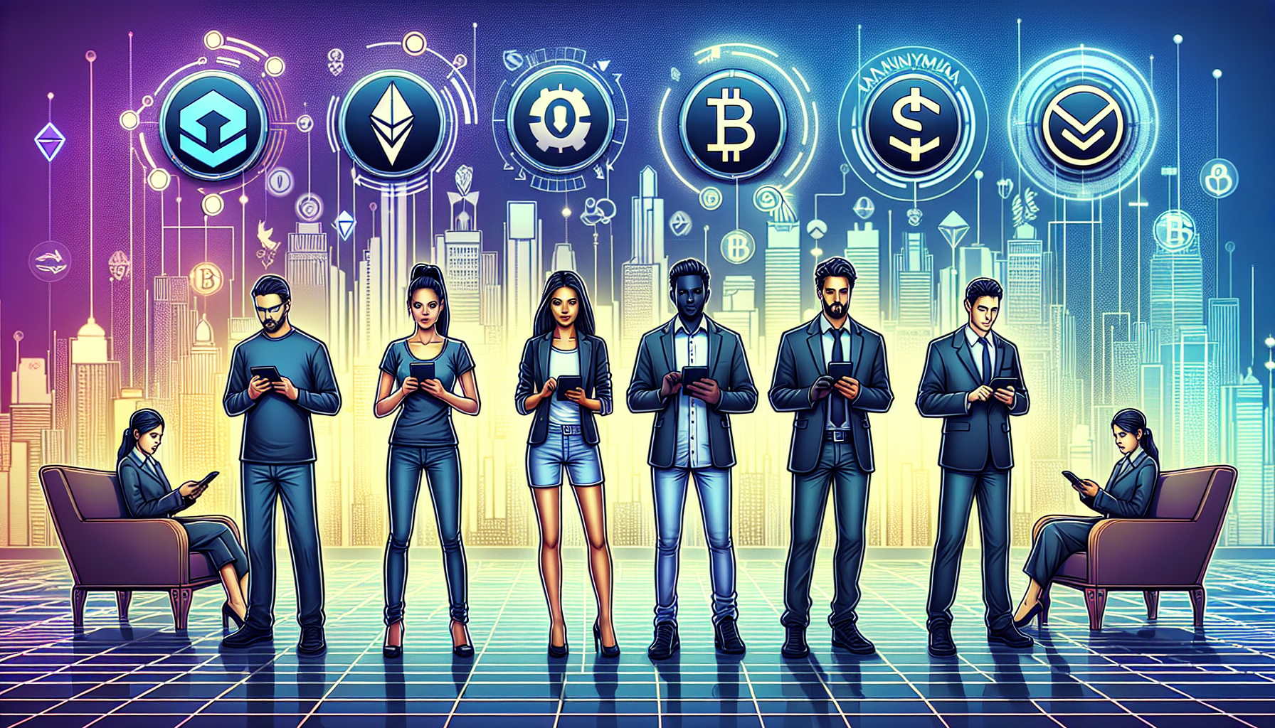 Create an image showing a diverse group of people (beginners, traders, and institutional investors) standing in front of various crypto exchange logos (e.g., Binance, Coinbase, Kraken). The people are actively engaging with the platforms on their devices, with elements like charts, currency symbols, and security shields to represent safeguarding and maximizing benefits. The background should feature a futuristic cityscape to emphasize the innovative nature of cryptocurrency trading.
