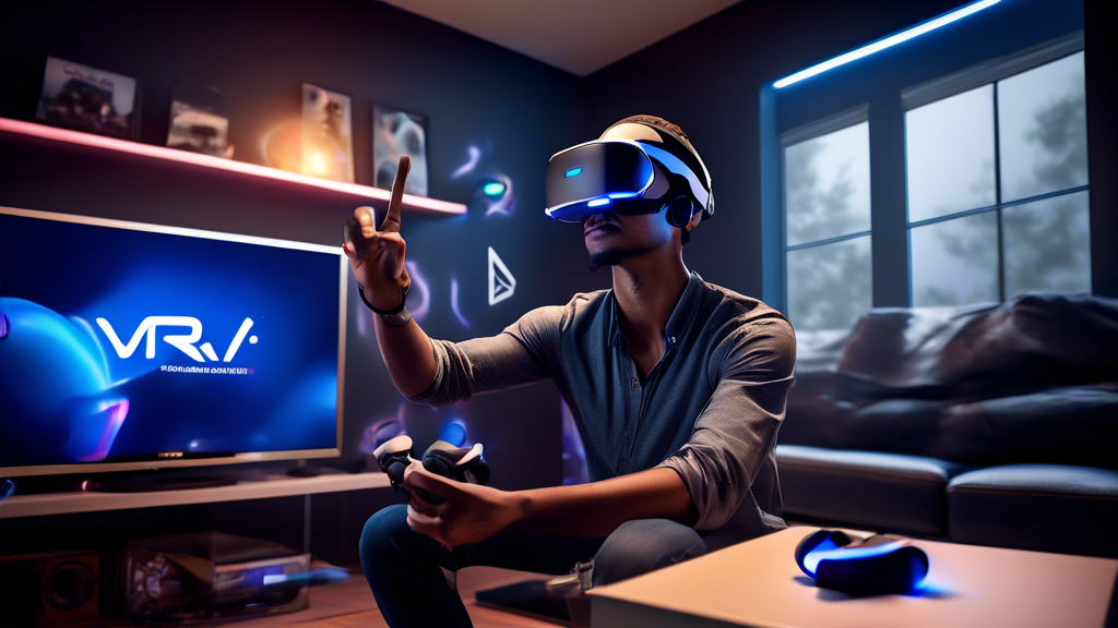 Create an image showcasing a user optimizing their PlayStation VR experience in a modern gaming setup. The scene should include elements like a PlayStation VR headset, essential accessories such as motion controllers and headphones, and a sleek gaming environment. Illustrate the user consulting a guide or manual, indicating setup tips, and highlight safety measures like a clear, spacious play area. The background should feature rich, immersive visuals representing various VR game environments like underwater scenes and virtual cityscapes, capturing the thrilling essence of PlayStation VR Worlds.