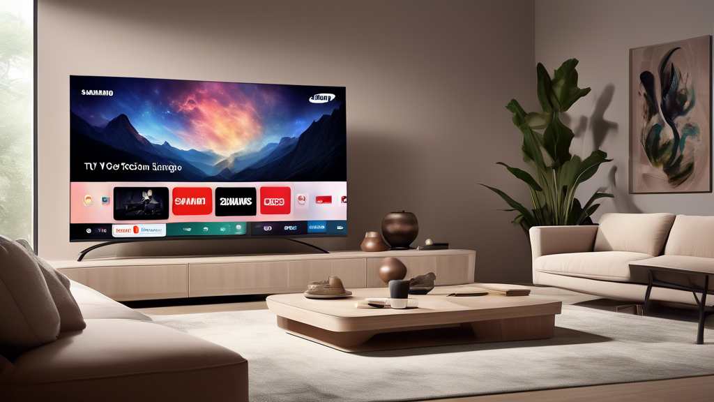 Create an image showcasing a modern living room with a Samsung TV in the center. The TV screen displays the PeacockTV app interface, highlighting features like navigation menus, favorite shows list, and personalized suggestions. Include visual icons for quality and performance optimization in a user-friendly and futuristic design. The setting should feel cozy and inviting to emphasize a seamless viewing experience.