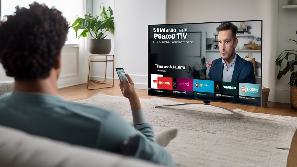 Create an image showing a person sitting on a couch with a Samsung TV in front of them, displaying the PeacockTV app. The person looks frustrated, scratching their head, while the TV shows an error message. On the side, a laptop is open with a webpage titled PeacockTV Troubleshooting Guide. The background should include typical living room elements, such as a coffee table, bookshelf, and some indoor plants.