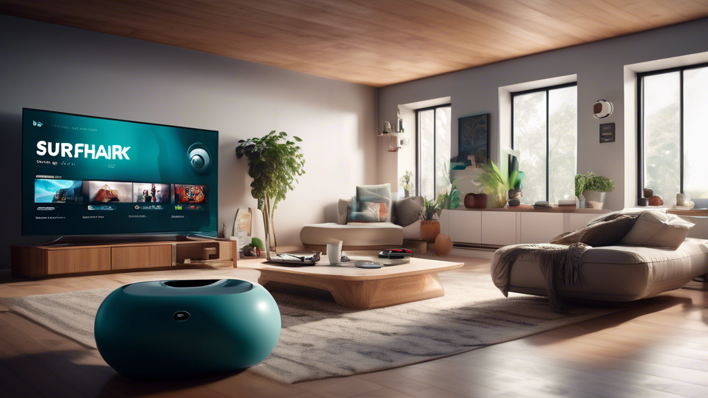 /Imagine an image that captures the essence of How to Set Up and Use Surfshark Smart DNS on Different Devices:

A sleek, modern home living room with various high-tech devices prominently displayed. A large smart TV is front and center, showing the Surfshark Smart DNS setup screen. Around the TV, there are a gaming console, a laptop, a tablet, and a smartphone, each displaying different stages of the Smart DNS configuration process. A person is seen interacting with the router, seemingly inputting DNS settings while a second person is adjusting settings on the TV. The room has a cozy yet high-tech ambiance with Wi-Fi symbols subtly integrated into the background. On a side table, a checklist is partially visible, detailing steps like 