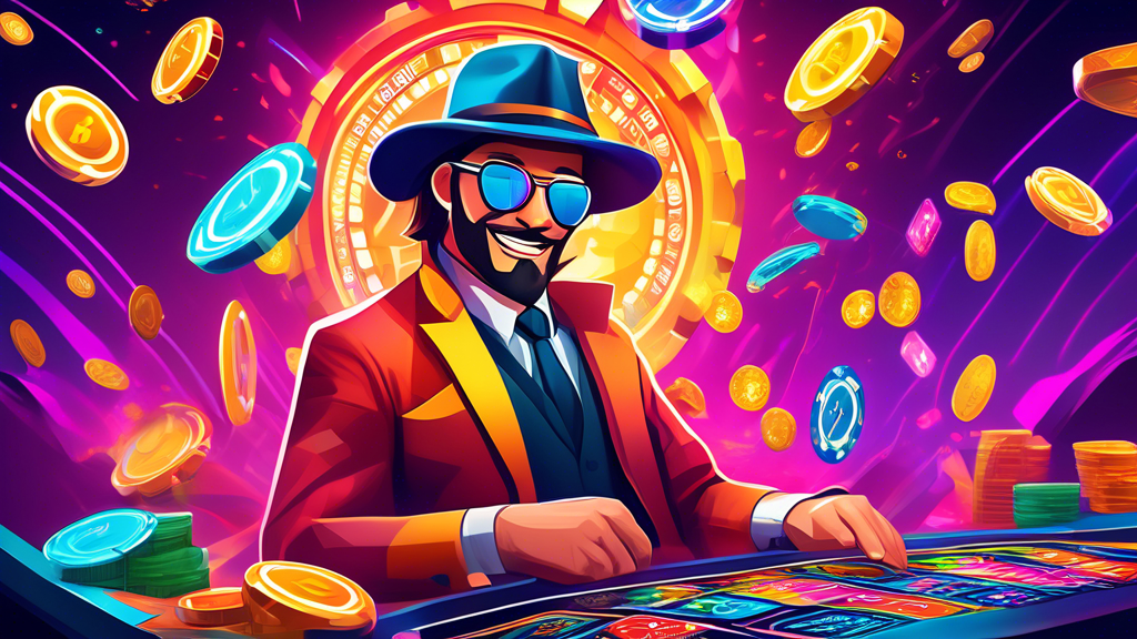 Create an image depicting a gambler enjoying the benefits of a new crypto casino. Feature a sleek, digital environment with vibrant, futuristic elements. Show enhanced security icons and fast transaction graphics, emphasizing the speed and reduced fees of cryptocurrency. Include a diverse selection of international games in the background, highlighting the broad range of gaming options available.