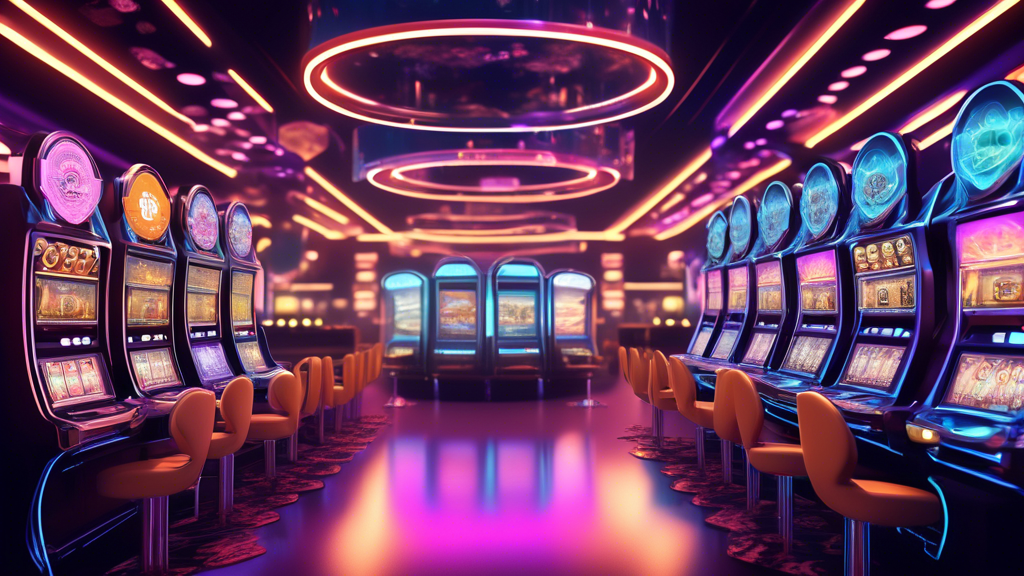 Create an image that depicts the future of new crypto casinos in 2024 and beyond. Show a futuristic casino environment featuring high-tech elements such as holographic slot machines, virtual reality gaming stations, and blockchain transaction interfaces. Include vibrant digital currency symbols like Bitcoin, Ethereum, and other emerging cryptocurrencies, suggesting rapid transactions and high security. The background should hint at a global reach, with diverse players from around the world. Incorporate a sense of emerging regulatory landscapes with subtle imagery of legal documents and gavel icons.