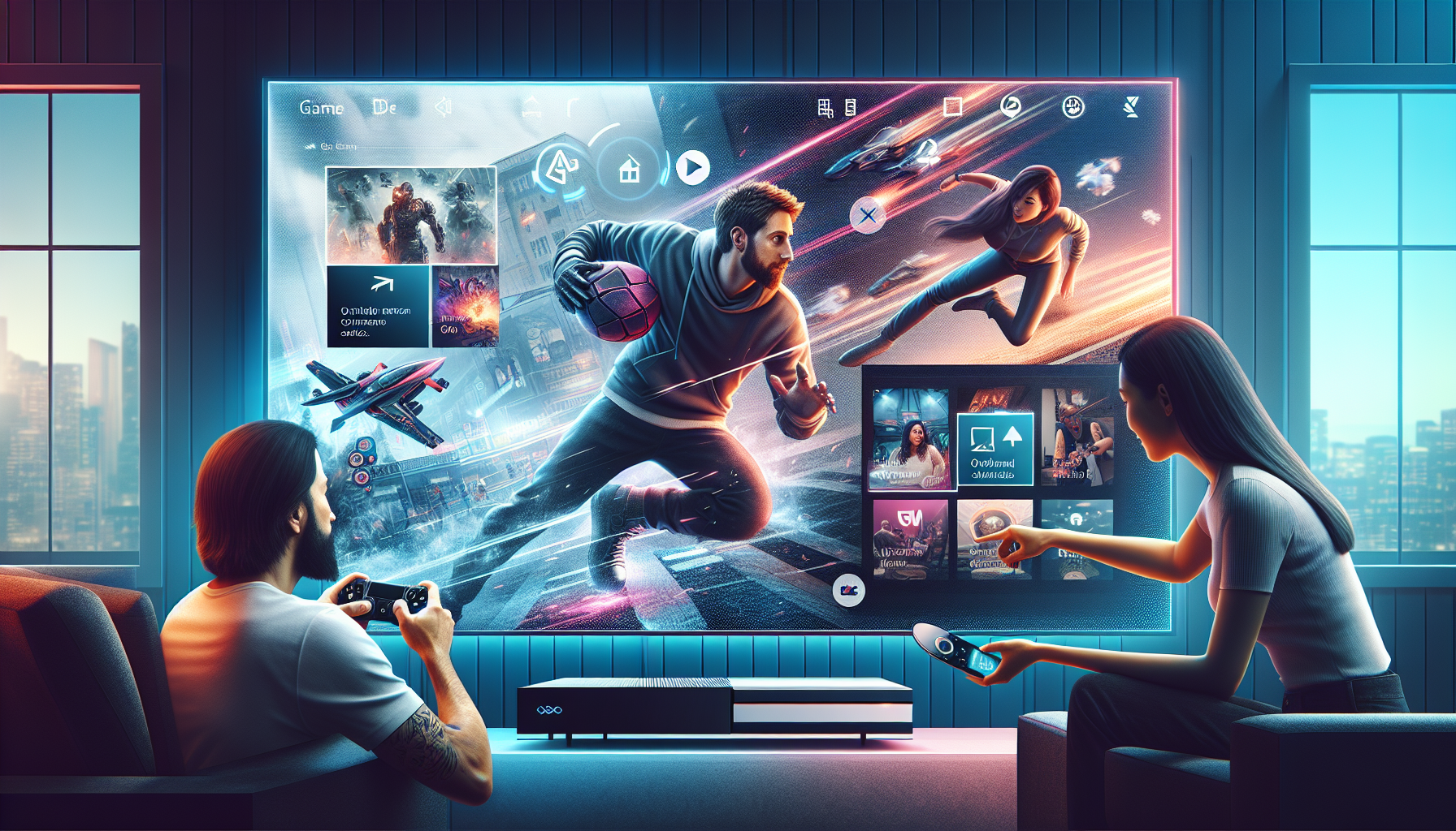 Create a detailed scene showcasing the innovative gaming and entertainment features of the new PlayStation 4 console. Highlight a living room setup with the PlayStation 4 console prominently displayed. Show a dynamic gaming scene on the TV screen with vibrant graphics, alongside a menu showing various streaming services like Netflix and Spotify. Include a person engaged in gaming with the console, while another person is enjoying multimedia content on a tablet or smartphone connected to the PlayStation 4. Emphasize the ease of switching between gaming and entertainment features, illustrating the console