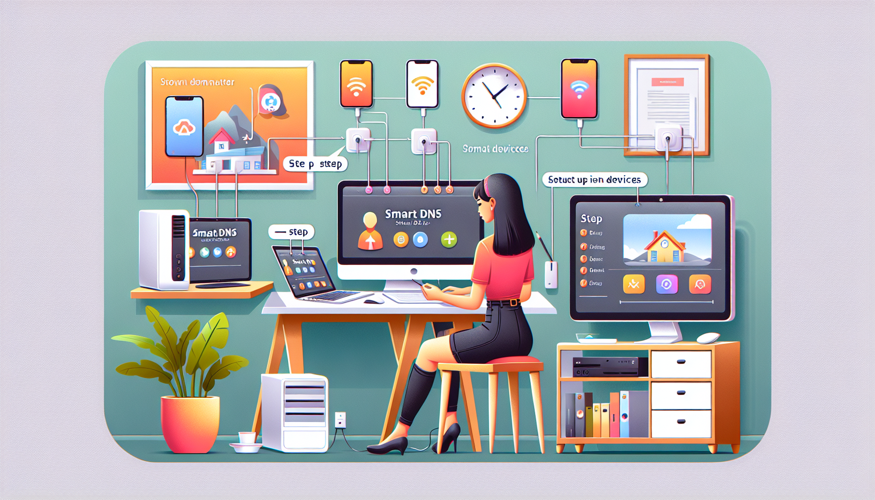 Prompt for DALL-E: 

Create an illustration of a tech-savvy person setting up Smart DNS on multiple devices. The scene should include a desktop computer, a laptop, a smartphone, and a smart TV. Use a step-by-step visual guide theme, showcasing each step with clear, easy-to-follow instructions and icons. The background should be a modern home office setting, emphasizing a user-friendly and seamless setup process.