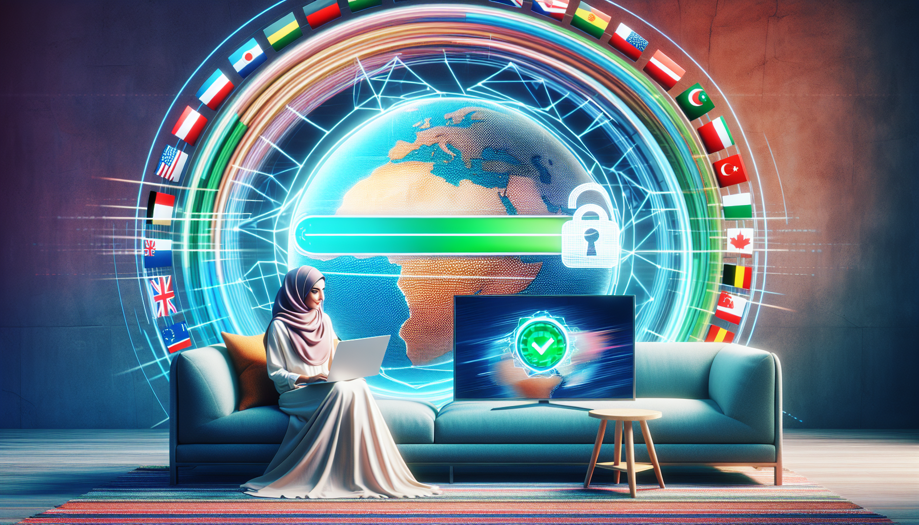 DALL-E Prompt: An illustration of a person sitting comfortably on a sofa, with a laptop and smart TV in the background. The TV displays a map with various country flags, symbolizing access to geo-restricted content. The laptop screen shows a loading bar moving quickly to signify enhanced streaming speed. Additionally, an overlay of a lock icon with a checkmark near the device represents privacy and security considerations. The overall atmosphere is relaxed and modern, highlighting the benefits of using a Smart DNS.