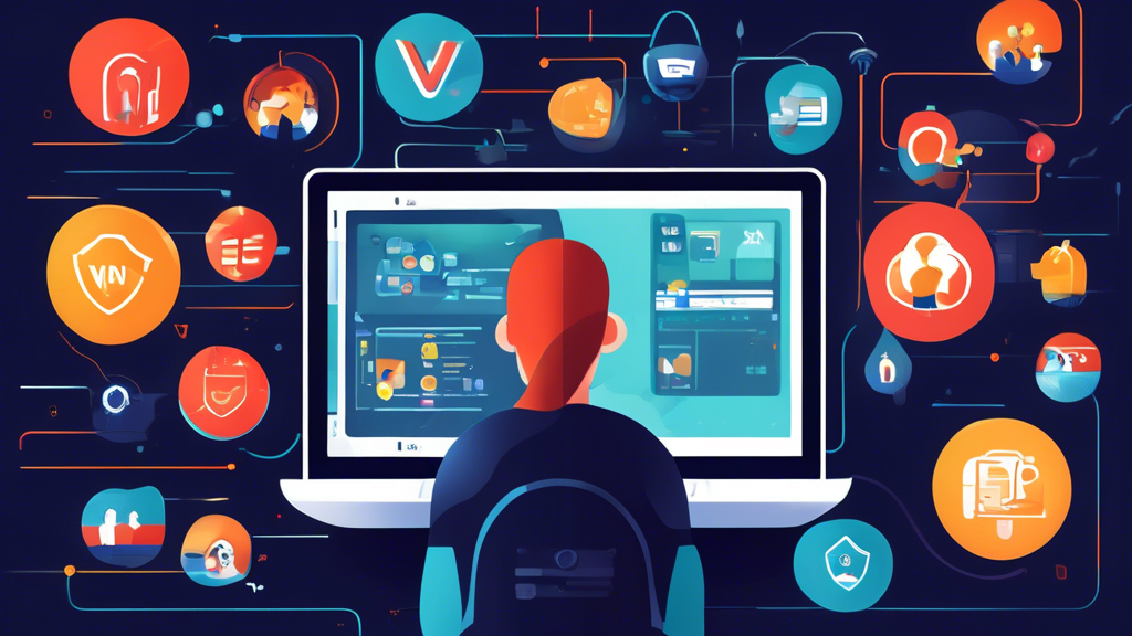 A digital illustration showcasing a laptop screen with the Nord VPN interface open, highlighting its features. The background features icons representing security, speed, and global servers, emphasizing the benefits of a Nord VPN trial. Include a friendly character pointing at the screen, symbolizing ease and accessibility of starting with a Nord VPN trial compared to competitors.