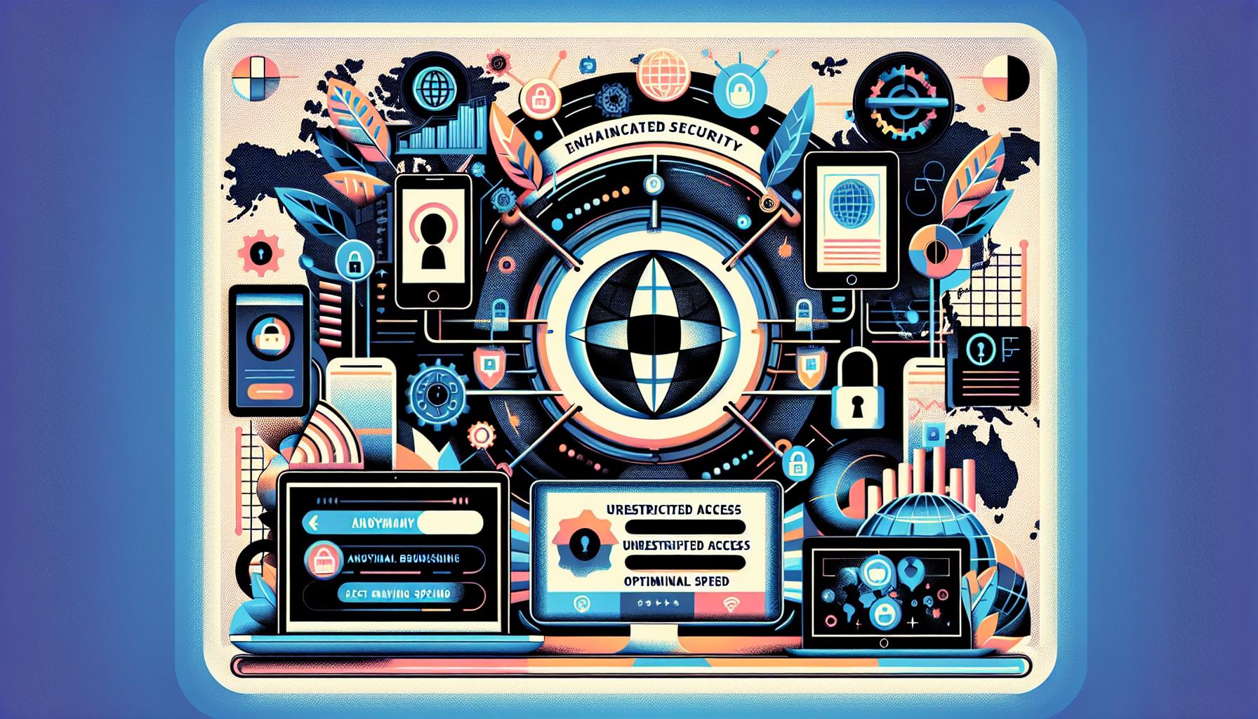 Create an image prompt for DALL-E:

A modern digital illustration showcasing a range of devices (smartphone, tablet, laptop) connected through Google VPN. Display icons representing enhanced security with locks, anonymous browsing with a masked figure, unrestricted access with globe and crossed barriers, and optimal speed with a fast-speed icon. The background should feature a world map to represent global accessibility.