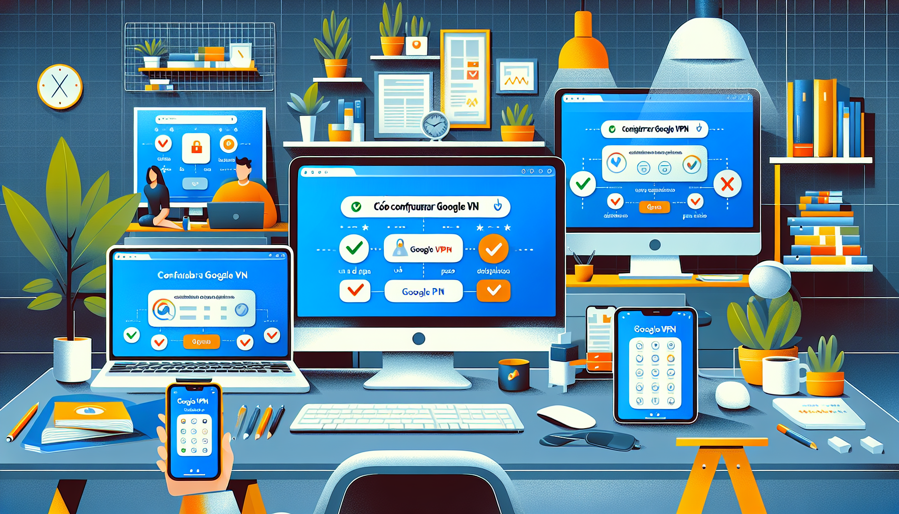 Create an image of a modern workspace featuring a variety of devices (smartphone, tablet, laptop, and desktop) showing step-by-step instructions on their screens for setting up Google VPN. The devices should each have specific screens displaying configuration settings, along with icons and checkmarks indicating successful setup. Overlay text should read: Cómo Configurar Google VPN en tus Dispositivos: Una Guía Paso a Paso. The background should reflect a contemporary home office, with a clean and organized look.