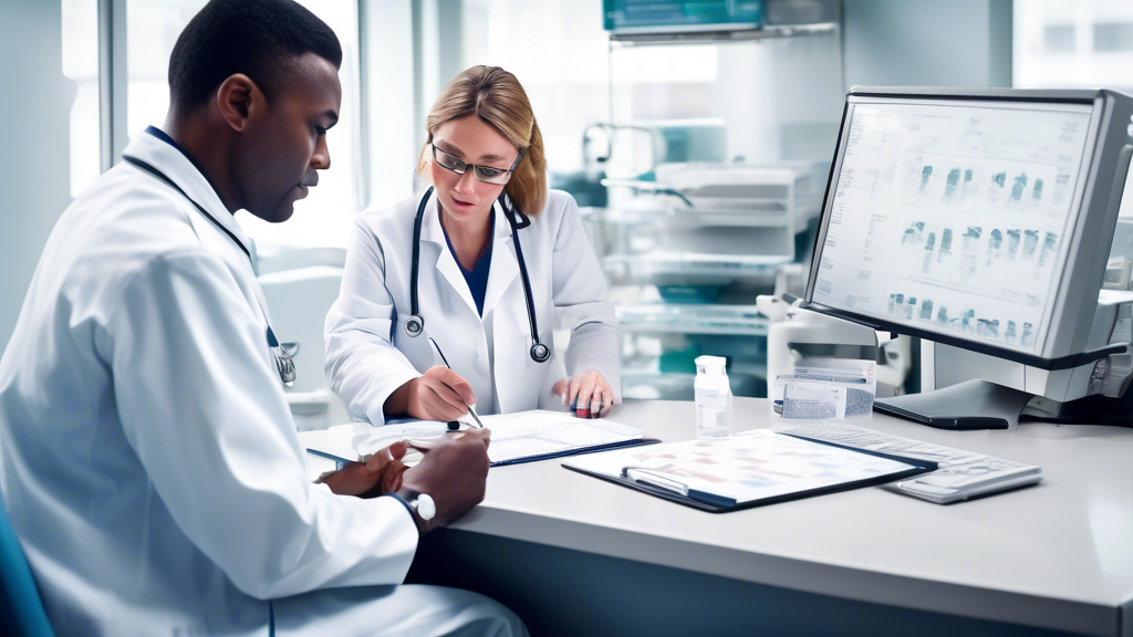 Create an image that depicts a range of the factors influencing the price of a DOT physical examination. The image should include a medical office setting where a healthcare provider is reviewing documents with a commercial driver. Visual elements should include price tags or charts that show variability in costs based on location, additional tests, and different healthcare providers. Include icons for tips like insurance coverage and certified examiners to suggest cost-saving measures.