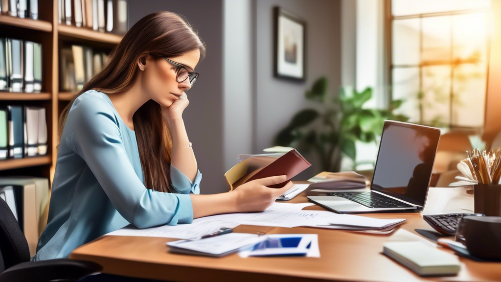 A woman sitting at a desk with a laptop and smartphone, browsing online directories and review websites to find the best automobile accident lawyers near her. On the table are notepads and business cards. The background shows a cozy home office environment with bookshelves and family photographs.