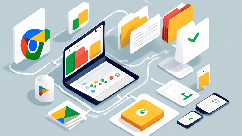 Create an image depicting the seamless automatic synchronization and cross-platform accessibility of GoogleDrive. The image should show a variety of devices, such as a laptop, smartphone, and tablet, with icons of files and folders moving effortlessly between them, symbolizing synchronization. Each device screen should display the GoogleDrive logo and interface, illustrating the ease of managing data across different platforms. The background should subtly use an interconnected, cloud-based theme to highlight the reliability and accessibility of GoogleDrive. Keywords for emphasis: GoogleDrive, automatic synchronization, cross-platform usage.