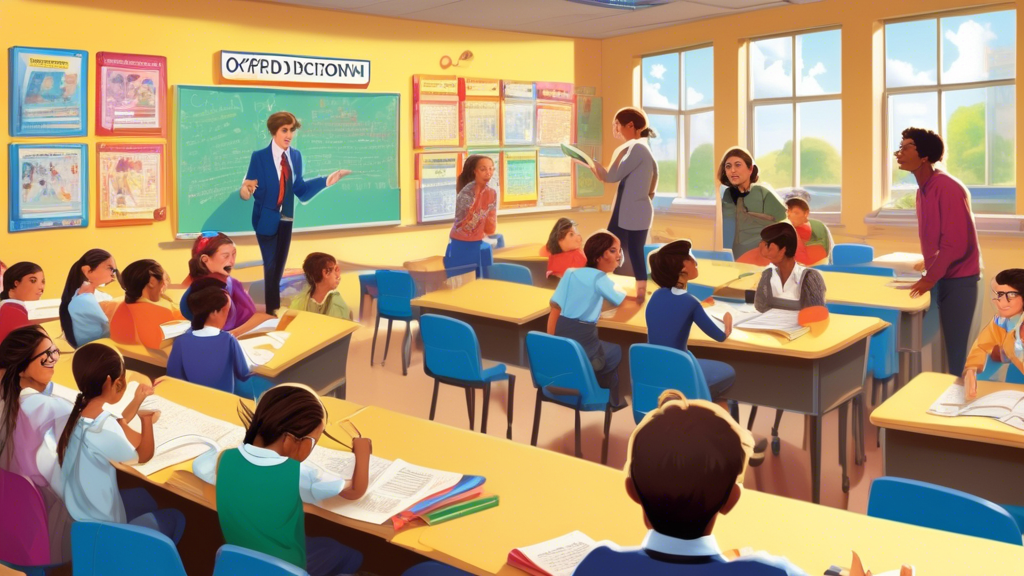 A vibrant classroom scene where students and a teacher are engaged in a lively discussion, with the Oxford Picture Dictionary open on their desks. The walls feature colorful posters and images from the dictionary, illustrating various words and concepts. Some students are pointing at the pictures, while others are taking notes, clearly demonstrating how visual aids are enhancing their vocabulary retention and comprehension. In the background, a banner reads 