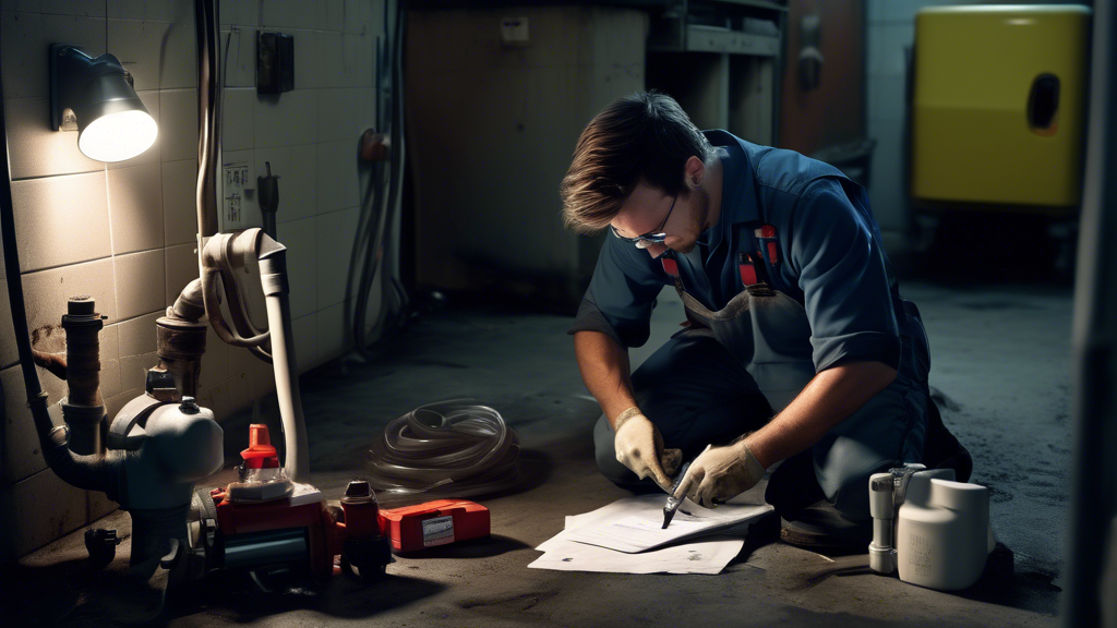 DALL-E prompt for an image related to outline point #3:

A professional plumber kneeling next to an open sewage pump, inspecting it with a flashlight and diagnostic tool. The image should show a clean, well-organized workspace with various plumbing tools visible nearby. Include a clipboard with a checklist to represent the assessment process.
