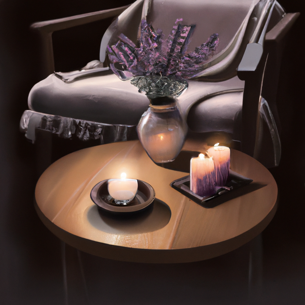 Create an image of a cozy, dimly lit living room with a lavender candle burning on a wooden coffee table. Soft, warm light from the candle illuminates the room, casting gentle shadows on the surrounding furniture. The room features plush, inviting armchairs, a soft throw blanket, and an assortment of lavender sprigs arranged in a vase nearby. Include hints of essential oils and subtle signs of aromatherapy, like a small diffuser and tranquil decorative elements such as zen stones or crystals. Make the atmosphere serene and inviting, evoking a sense of calm and relaxation.