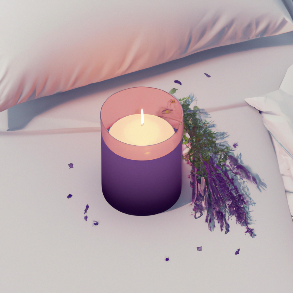 Create a serene bedroom scene at night with a lavender candle gently glowing on a bedside table. A person is peacefully asleep, with a subtle aura of calm surrounding the bed. The room is softly lit with hues of lavender and soft whites, featuring cozy pillows and blankets. A subtle hint of lavender flowers is visible in the room, enhancing the relaxing atmosphere.