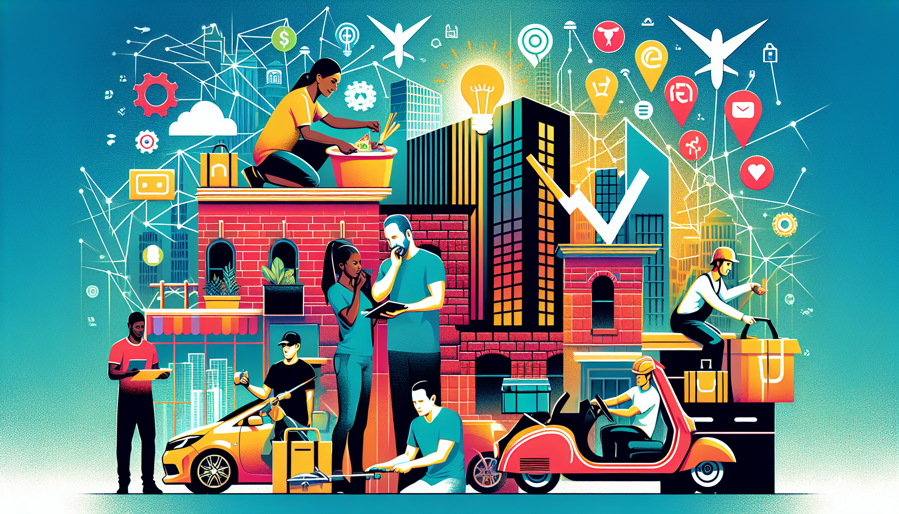 Create an image that visually represents the modern gig economy, showcasing various on-demand jobs. In the foreground, depict a diverse group of people engaged in gig economy activities: a ride-share driver picking up a passenger, a food delivery person handing a meal at a doorstep, and a task-based worker fixing a lightbulb. The background should include recognizable icons of popular gig economy platforms like Uber, Lyft, DoorDash, Grubhub, and TaskRabbit. Highlight the convenience and quick earning potential of these jobs through vibrant, energetic visuals. Include a cityscape to emphasize the urban setting where these gigs often thrive.
