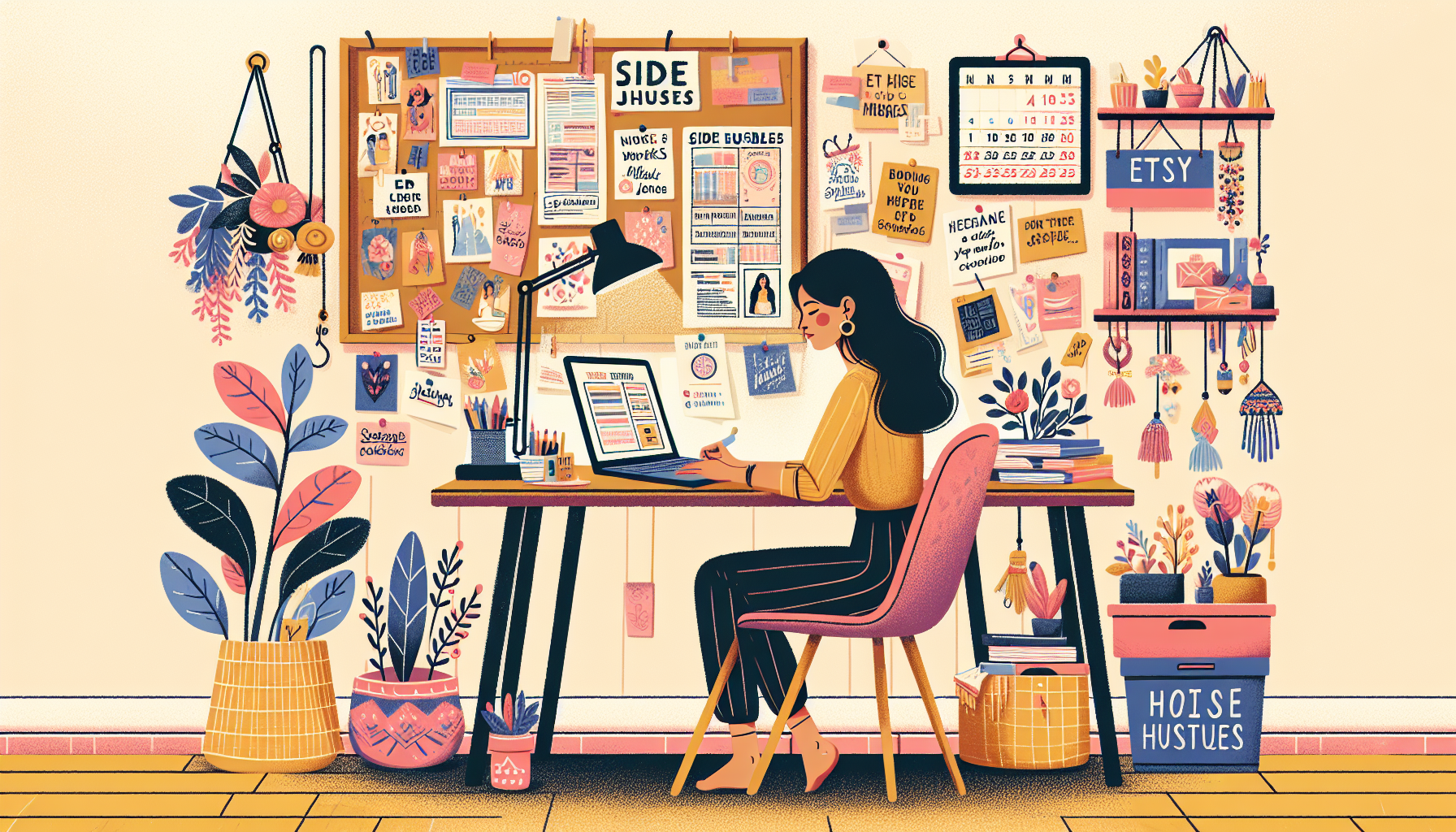 Create an image showing a cozy home workspace, with someone sitting at a desk working on a laptop, surrounded by creative items like handmade crafts, blog notes, and completed online surveys. A small shelf with Etsy crafts, a bulletin board with side hustle ideas, and a calendar with organized work schedules. Make the atmosphere bright, motivating, and inspirational to emphasize the ease and creativity of side hustles for extra money.
