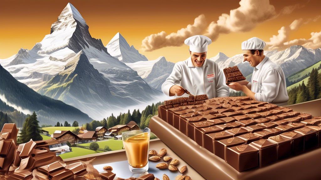An imaginative Swiss chocolate factory, bustling with chocolatiers carefully mixing Swiss milk, honey, almonds, and nougat into the iconic triangular molds of Toblerone bars, against the backdrop of the scenic Alps.