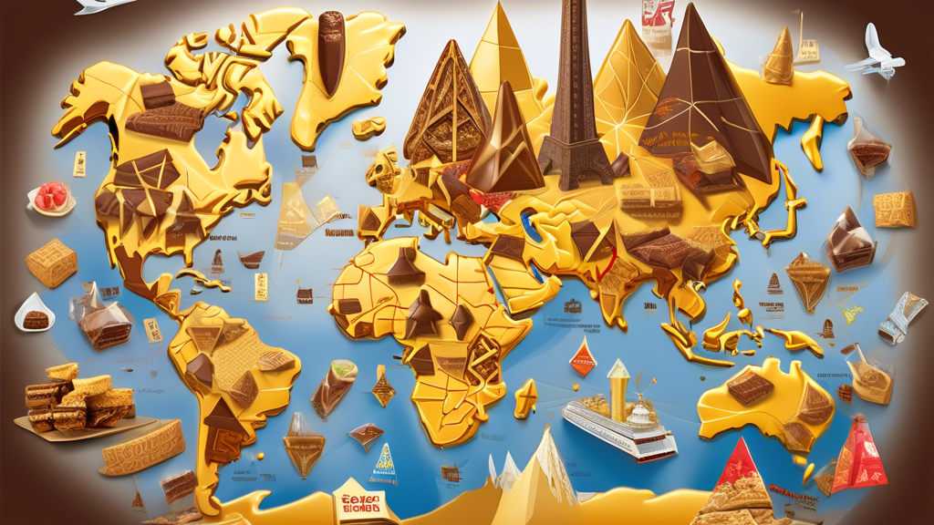 An illustrated world map highlighting the global reach of Toblerone chocolate, with symbolic landmarks from various countries interconnected by golden triangular paths representing Toblerone bars. Include iconic Swiss elements such as the Matterhorn as the central image, and cultural symbols from around the world depicting Toblerone
