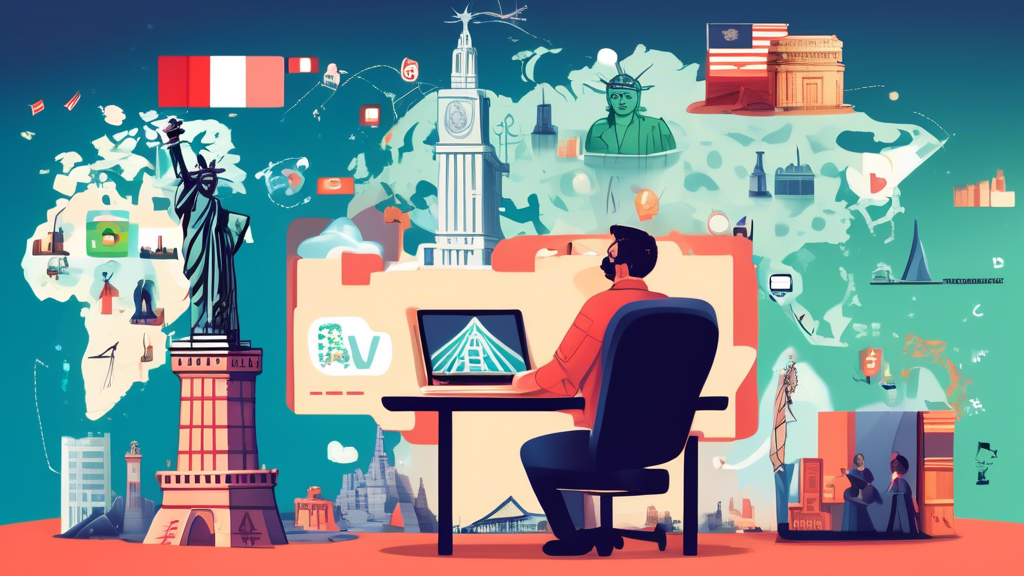 Create an image that illustrates the advantages of overcoming geographical restrictions with VPN online: Show a joyful person sitting at a computer, surrounded by symbols of various global streaming services like Netflix, Hulu, and BBC iPlayer. In the background, there are landmarks from different countries, such as the Eiffel Tower, Statue of Liberty, and Great Wall of China, symbolizing unrestricted access to worldwide content and online services that are often region-locked or censored.