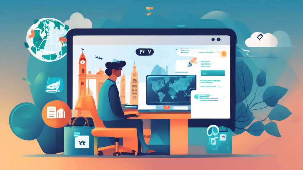 Create an image depicting the various financial benefits of using a VPN online. Show a person sitting at a computer with a VPN interface on the screen, comparing prices for flights or shopping from different regions. Include icons or graphics representing discounts, exclusive deals, and savings. The background should feature different country