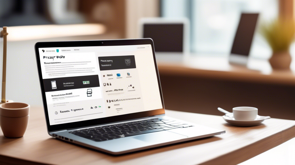 Create an image that visualizes the Essential Elements to Include in Your Privacy Policy for an online store. The image should feature an open laptop on a wooden desk, with a clear view of the screen displaying a sleek and professional privacy policy document. The document on the screen is divided into sections such as Data Collection, Data Usage, Data Protection, each section highlighted with icons like a data shield, magnifying glass, and padlock respectively. Surrounding the laptop, include several books, templates, and folders labeled Examples, Templates, and Customizations to signify guidance and resources. The background should feature a modern and minimalistic home office setup to emphasize professionalism and organization.