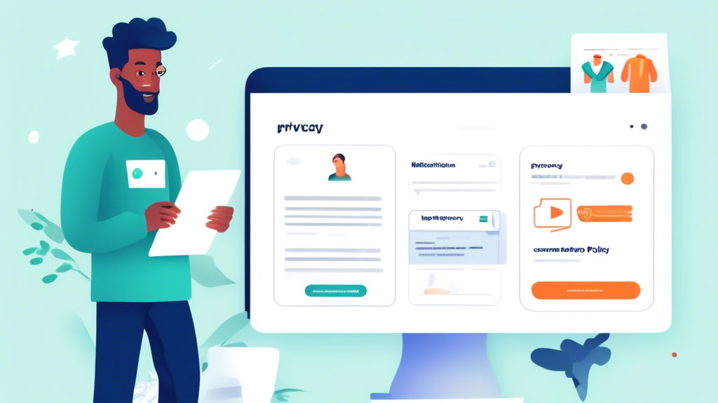 Create an image that illustrates the concept of implementing and maintaining a privacy policy for an online store. Show a step-by-step guide with visuals of a website dashboard where a user is uploading a privacy policy document. Include elements like a progress bar, a notification popup, and a calendar indicating regular updates. Add an icon representing customer notifications to highlight the communication of privacy policy changes. The overall style should be modern, clean, and professional, suitable for a digital resource or tutorial.