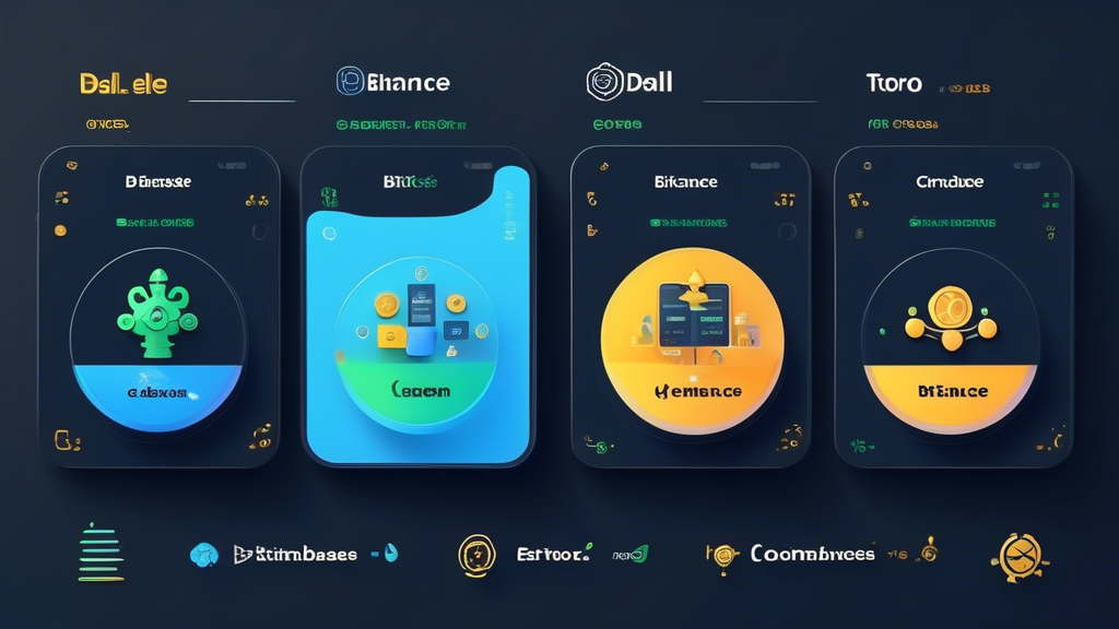 Prompt for DALL-E: Create an image that visually compares the functionalities and fees between Coinbase and its alternatives (Binance, Kraken, Gemini, eToro, Bitstamp) using icons for features like fee structures, cryptocurrency availability, user experience, customer support, security measures, and unique innovations. Include a balanced scale or chart in the background to depict the comparison.