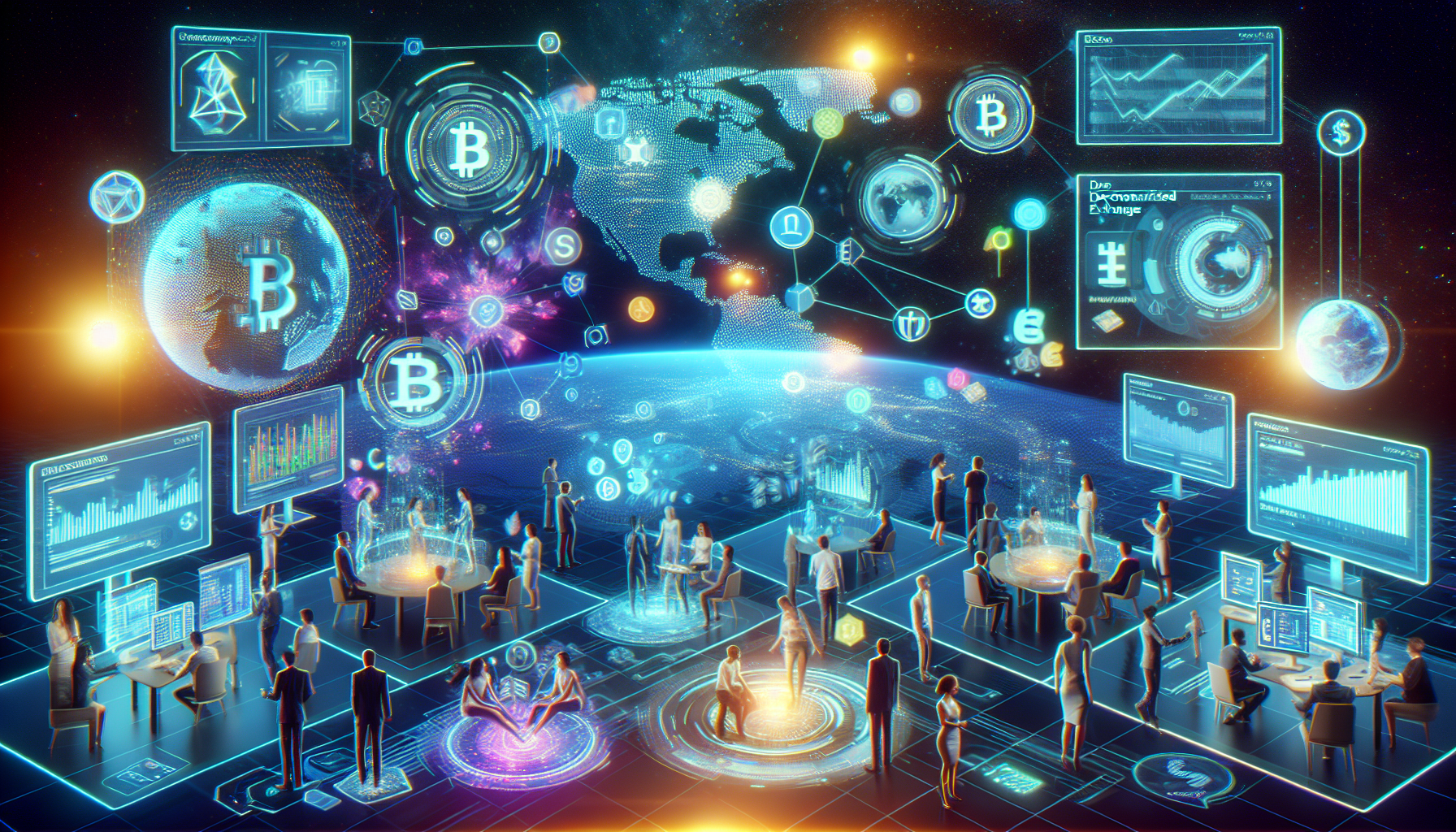 Create an image depicting the future of decentralized exchanges and their impact on the global cryptocurrency market. Show a futuristic trading platform with holographic interfaces, diverse global users engaging in transactions seamlessly, and various cryptocurrencies floating in the digital space. Highlight the challenges and innovations such as smart contract security and advanced blockchain technology. Use vibrant colors to emphasize the growth and dynamic nature of decentralized exchanges in shaping the future of crypto trading.
