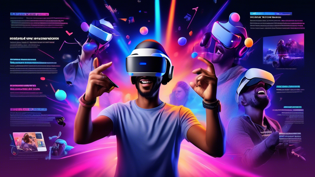 An image showcasing a vibrant collage of customer reviews and ratings for PSVR2 on Amazon, featuring excited expressions on diverse users trying the headset. Include text snippets highlighting key feedback on performance and usability. In the background, show a PSVR2 setup guide, popular games, and recommended accessories to imply post-purchase tips.