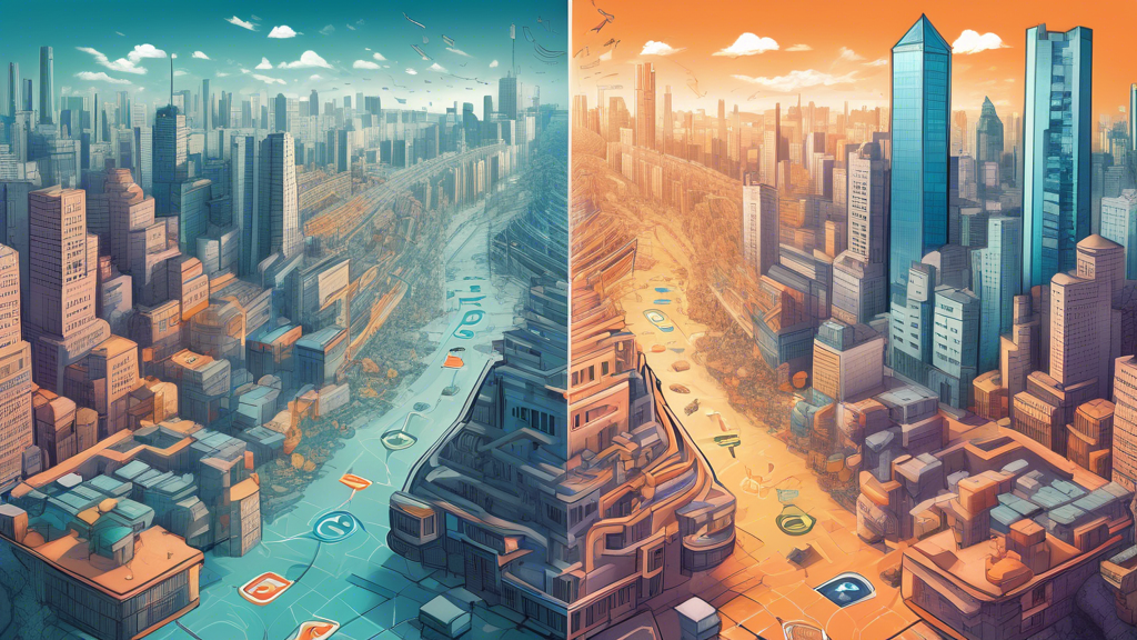 /Imagine a split-screen image: On one side, a thriving cityscape with towering buildings labeled Centralized Finance showing streamlined operations, robust security infrastructures, and happy users engaging in cryptocurrency transactions. The other side depicts a complex maze with caution signs like Risks, Hacks, and Lack of Control, illustrating the potential downsides and risks. In between, a balanced scale highlights the pros and cons of Centralized Finance (CeFi) compared to Decentralized Finance (DeFi), with elements like trust and convenience on CeFi