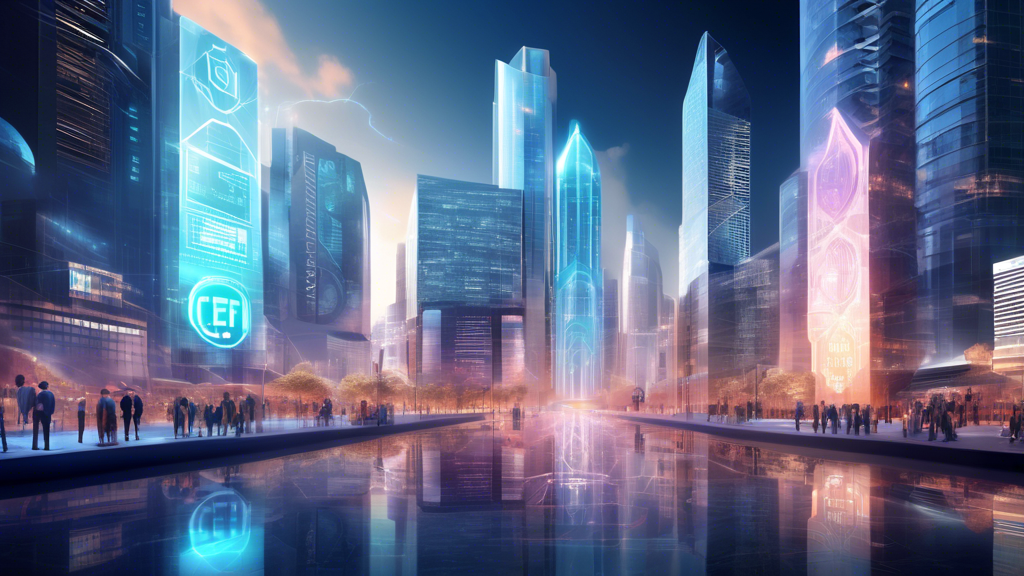 Create an image depicting the future of Centralized Finance (CeFi) in the crypto ecosystem. Showcase a futuristic cityscape with advanced technology, featuring CeFi symbols and logos integrated into buildings and holographic displays. Include emerging trends and innovations like AI-driven financial analytics, digital currencies, and blockchain technology seamlessly embedded into the urban environment. The scene should also highlight regulatory elements such as digital compliance officers and security symbols, hinting at the balance of innovation and regulation. Ensure the image reflects optimism, progress, and the blend of traditional finance with cutting-edge crypto advancements. Keywords: centralized finance crypto, future, innovation, regulation.