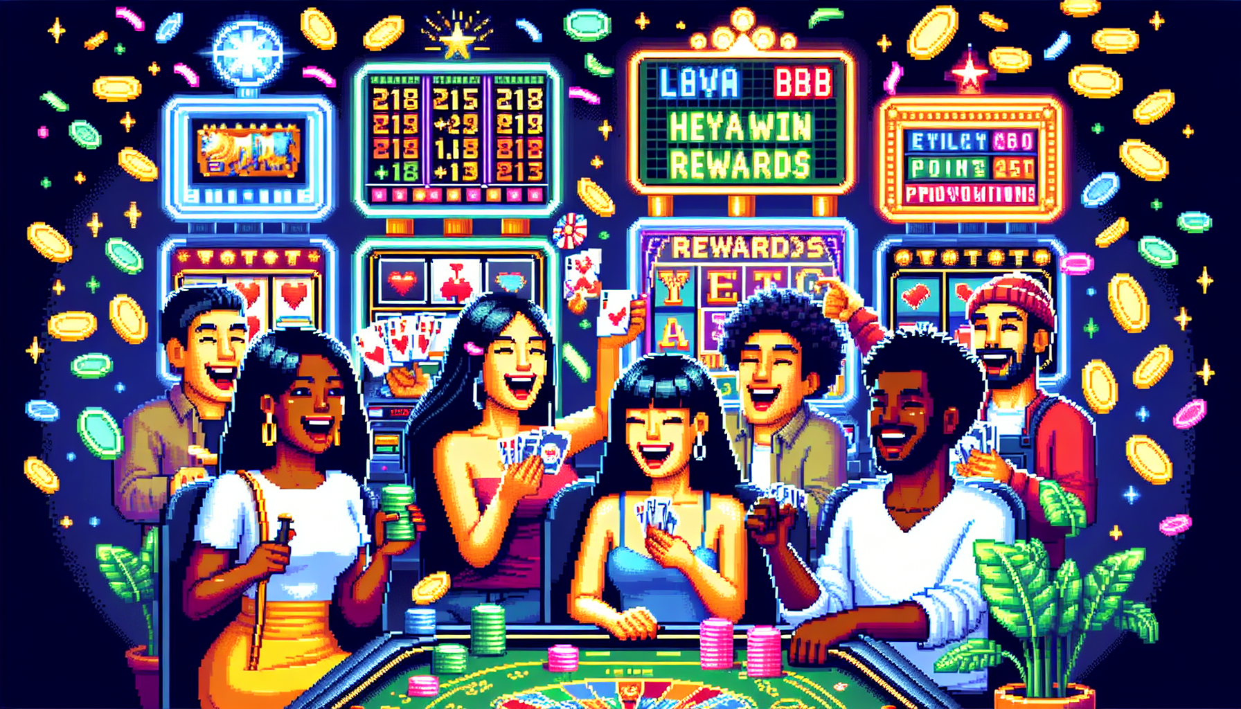 Create an image depicting a vibrant and dynamic scene at Pulsz Casino. Showcase happy players engaging with a variety of slot machines and card games, earning rewards and bonuses. Highlight a rewards board showing loyalty points, bonuses, and promotions. Include cheerful and interactive social interactions between players, with festive confetti and coins symbolizing rewards. Emphasize an energetic, fun, and rewarding atmosphere. Keyword: Pulsz Casino.