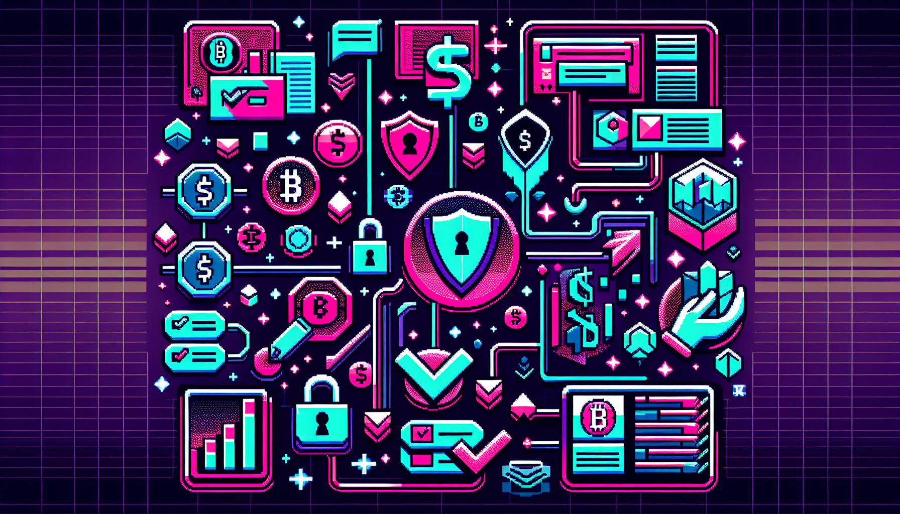 Create an image that depicts a diverse set of criteria for choosing the right crypto exchange for leverage trading. Include visual elements representing security (like a shield or lock), fees (currency symbols or price tags), and user experience (intuitive user interface graphics). Additionally, display well-known crypto exchange logos with a checkmark for comparative analysis. Emphasize the importance of exchange reputation and regulatory compliance, perhaps through badges or certifications. The background can be a digital interface or graph illustrating the dynamic crypto market.