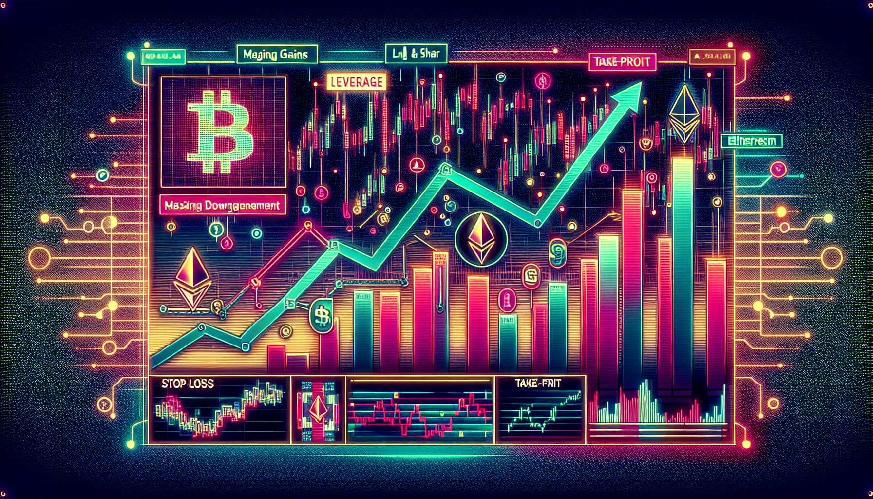 Create an image that illustrates the different strategies to maximize gains using leverage on a crypto exchange. The image should show a graph with upward and downward trends, representing long and short positions. Include icons for risk management, such as stop-loss and take-profit indicators. Make the background futuristic and techy with cryptocurrency symbols like Bitcoin and Ethereum. Highlight the importance of avoiding common mistakes with warning signs. Use vibrant colors to emphasize the dynamic nature of crypto trading and leverage usage.